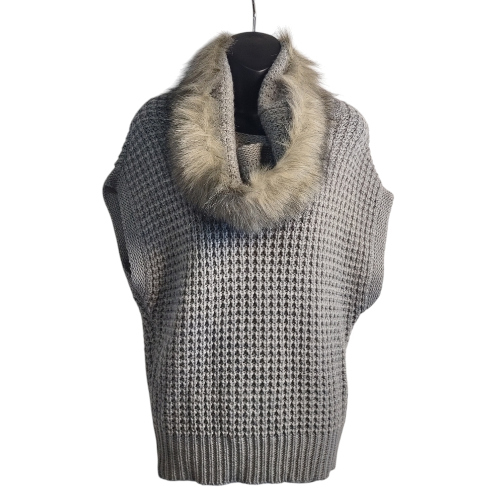 Jennifer Lopez Sweater Gray Chunky Sleeveless Removable Faux Fur Collar Size S